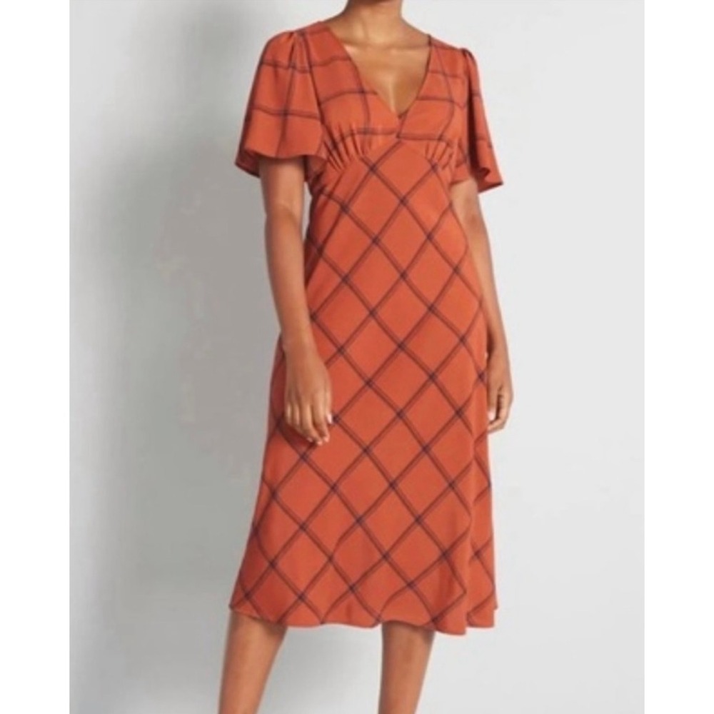 ModCloth Orange‎ Plaid Flutter Sleeve V Neck Midi Dress Womens M